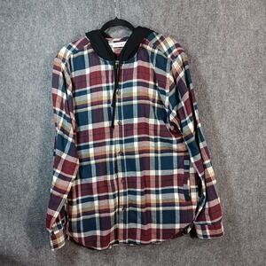 Pacsun Flannel Sweatshirt Large Multicolor Plaid Button Front Hooded Outdoor